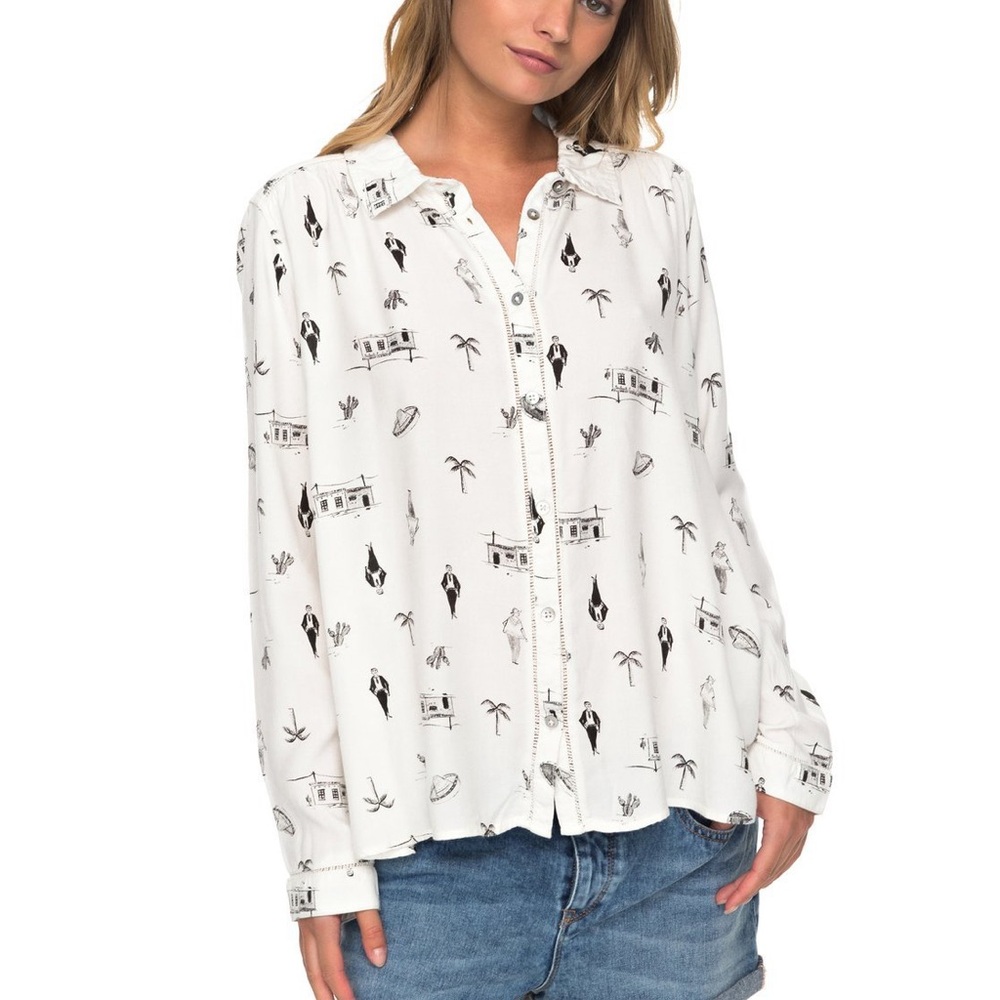 Roxy Medium Southwestern Motif Beige Button-Up Shirt